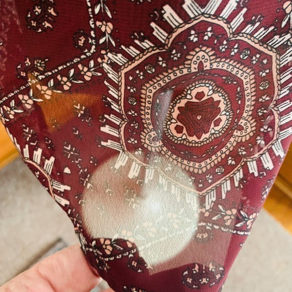 MAURICE'S Burgundy Print Boho Top - L/S Semi Sheer Shoulder Smocking V-Neck XL - Picture 6 of 11